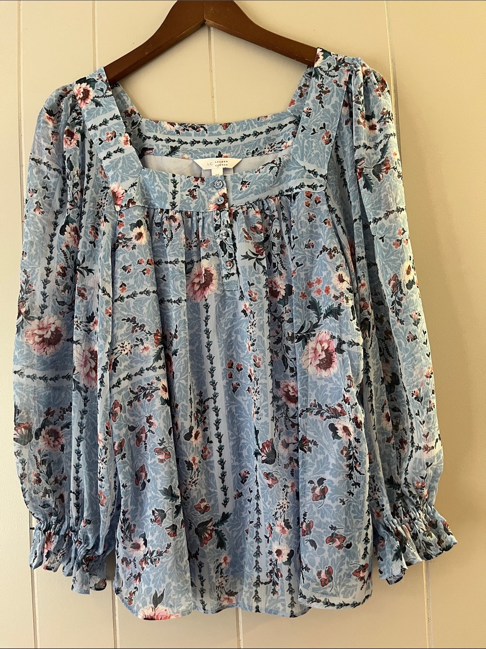 Light Blue Floral Peasant Blouse - Soft Gathered Neck
